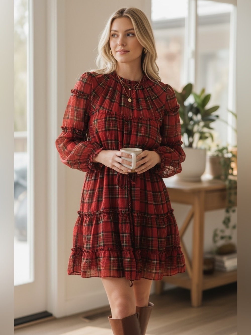 ANTONIO MELANI Red Plaid Long-Sleeve Smocked Dress